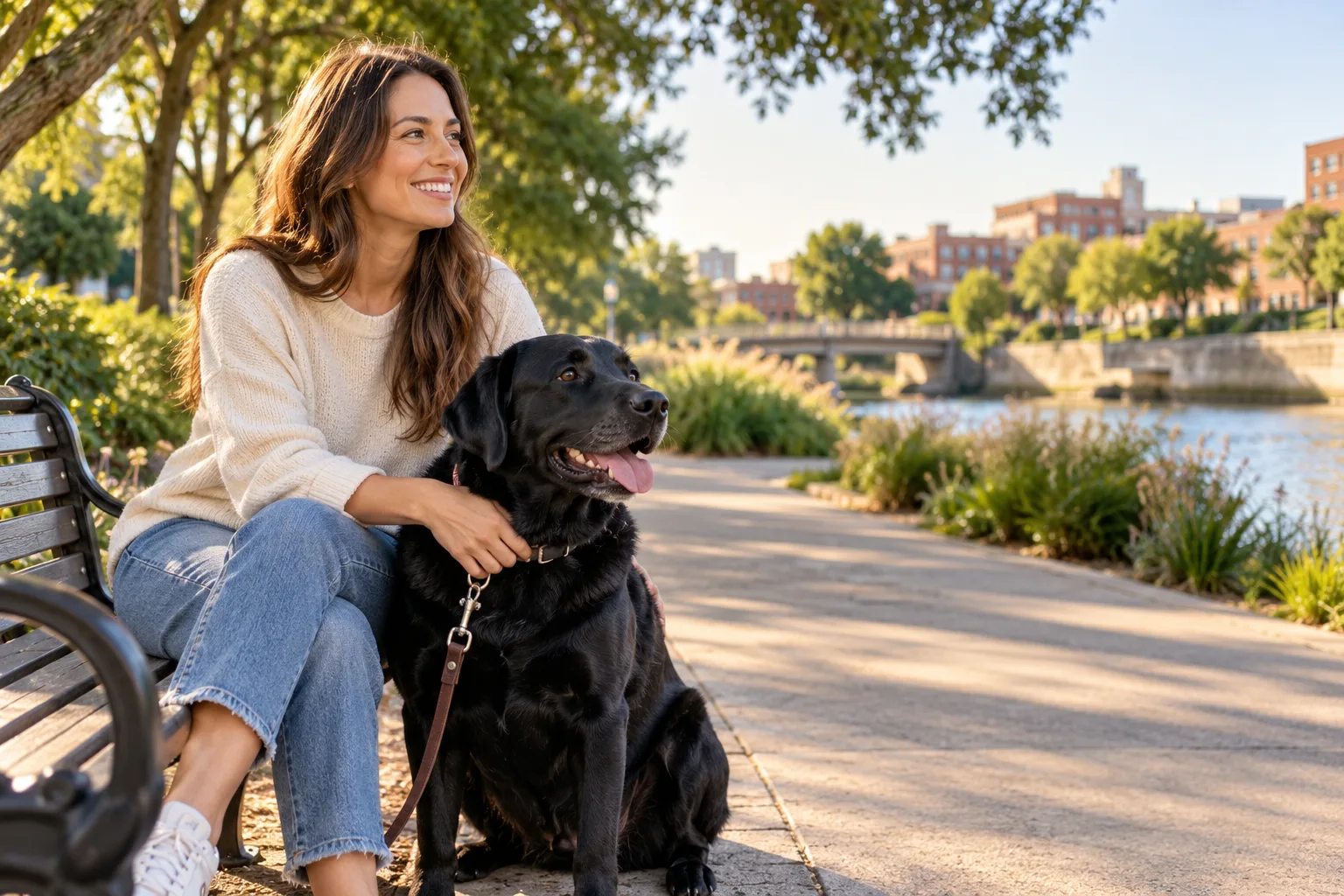 Woman sitting with a black dog beside a riverside park path